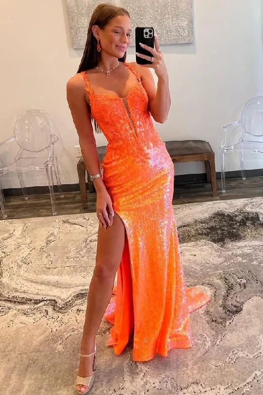 Orange Straps Mermaid Appliques Side Slit Glitter Long Prom Dress