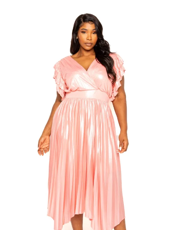 Pleated Flutter Sleeve Dress | Peach