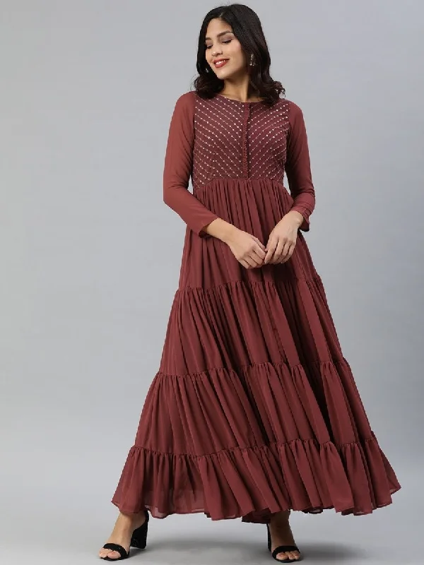 Maroon Solid Fit and Flare Dress With Embellishment