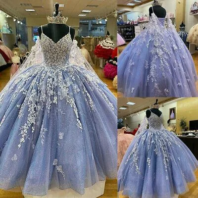 Lilac Quinceanera Dresses Spaghetti Straps Sweet 15 Ball Gown Lace Applique Bead c3153