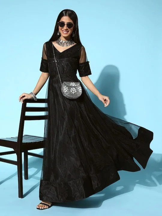 Women Classic Black Ethnic Motifs Swirling Volume Dress