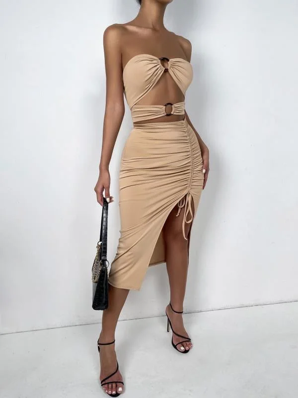 RING LINK CUT OUT DRAWSTRING RUCHED TUBE DRESS