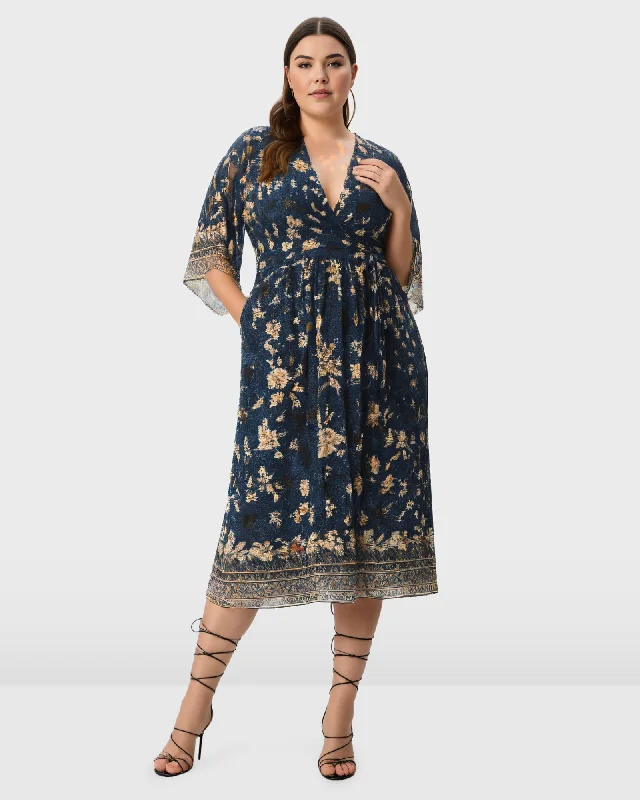 Plunge Floral Print Georgette Dress | Navy