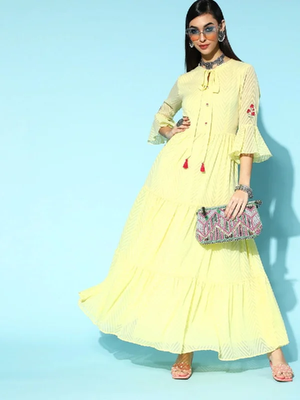 Yellow Polyester Partywear Solid Dresses