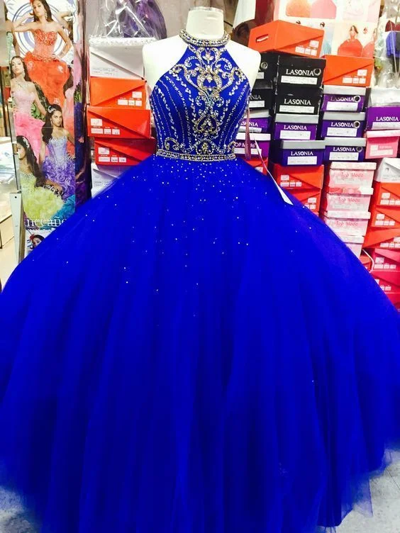 Royal Blue Halter Beaded Ball Gown Quinceanera Dresses ,Sweet 15 Quinceanera Dress cc229
