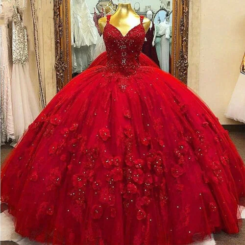 Red V Neck Quinceanera Dresses Spaghetti Straps Beads Flower Sweet 15 Party Gown c2939