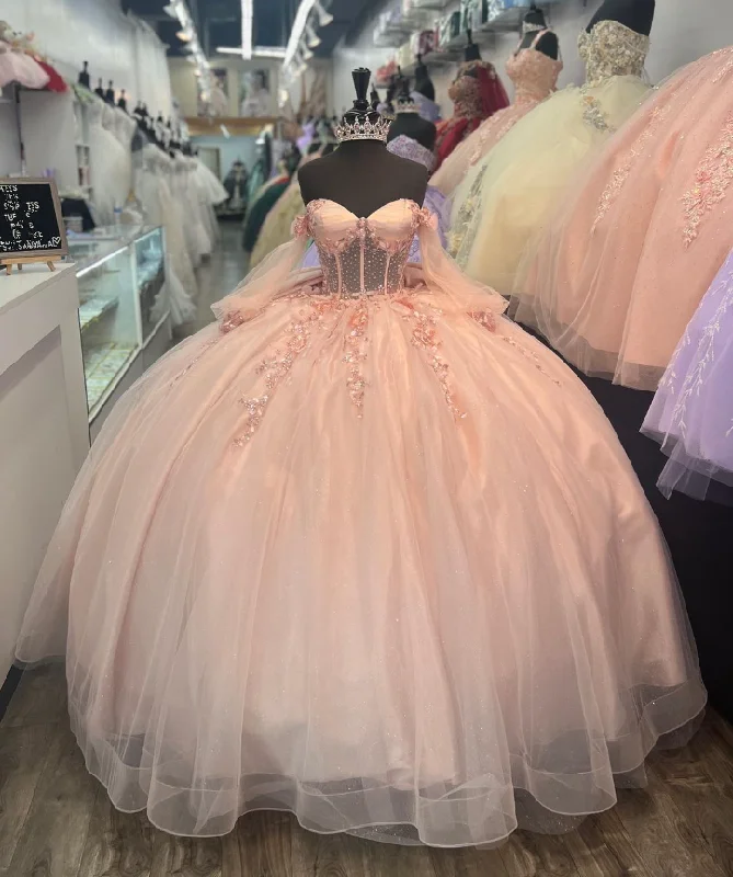 Pink Off Shoulder Beading Floral Ball Gown Sweet Birthday Dress Quinceanera Dress, DP3003