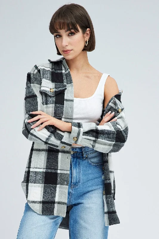 Black Check Oversized Shacket Long Sleeve Classic Minimalist Blouse