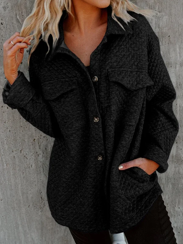 Retro Black Quilted Flap Pocket Buttoned Shacket Embellished Collar Blouse