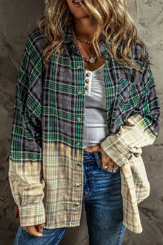 Green Plaid Patchwork Button Up Shacket with Chest Pocket Bell Sleeve Blouse