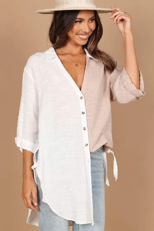 Bohemian Style Two-Tone Cotton Blouse Gathered Detail Blouse