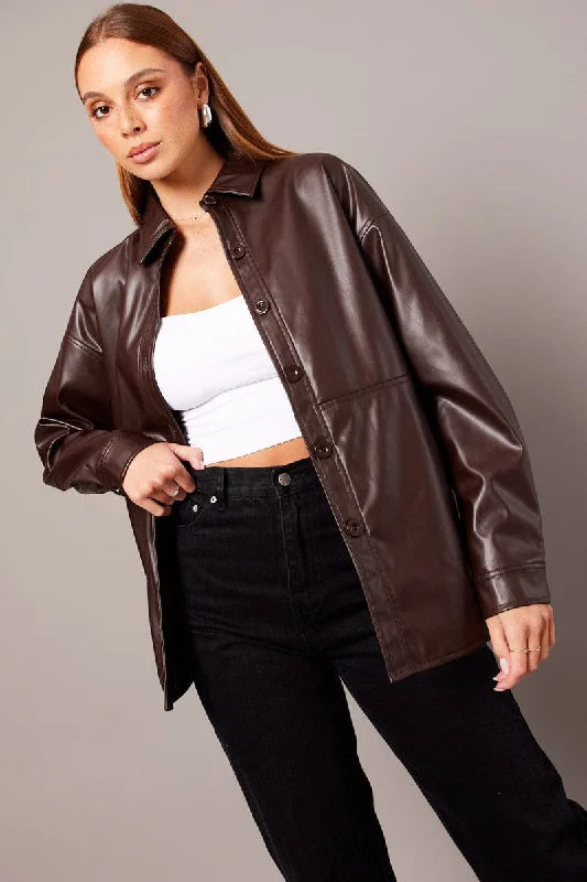 Brown Faux Leather Shacket Long Sleeves Off-Shoulder Wrap Blouse