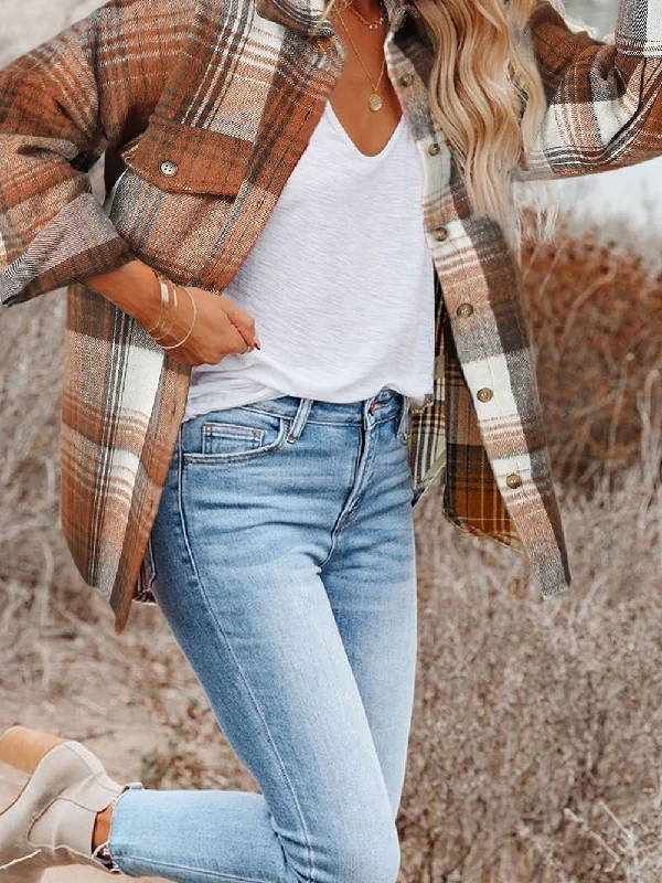 Cozy Brown Plaid Oversized Shacket Elegant Lace Blouse