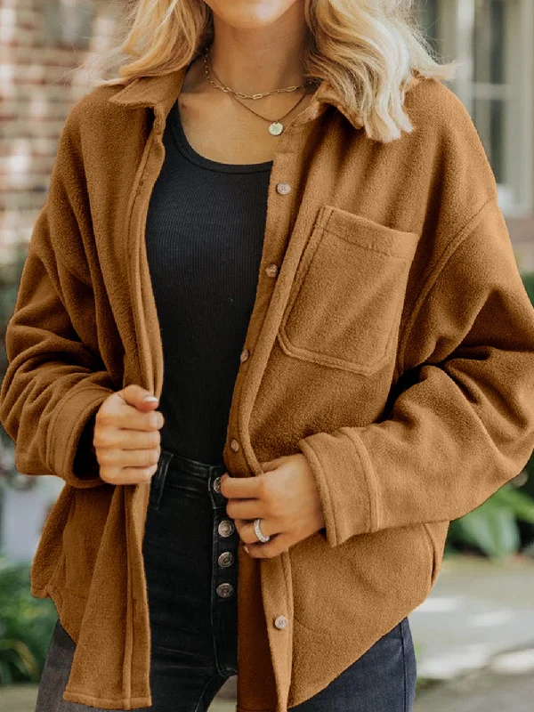 Cozy Camel Fleece Shacket with Button-Up Chest Pocket Sheer Mesh Blouse