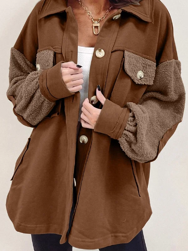 Chestnut Raw Seam Detail Oversized Shacket with Patch Pockets Vintage Polka Blouse