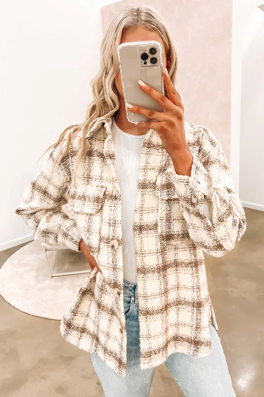 Ember Shacket Brown Cream Frilled Cuff Blouse