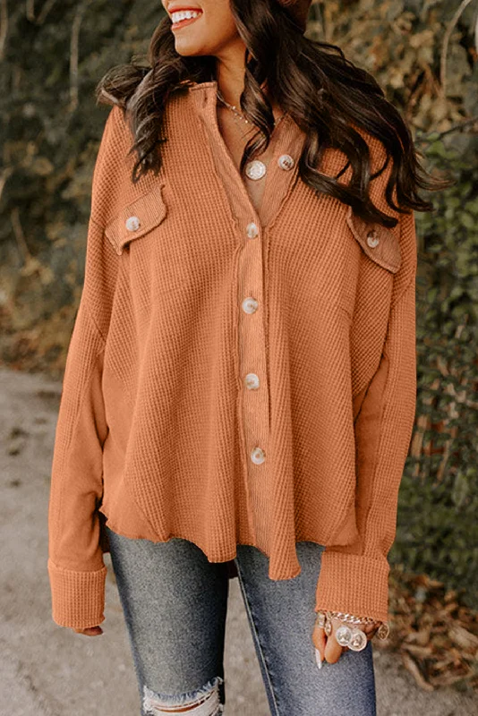 Golden Blaze Waffle Knit Shacket with Button Flap Pockets Feminine Tie Blouse