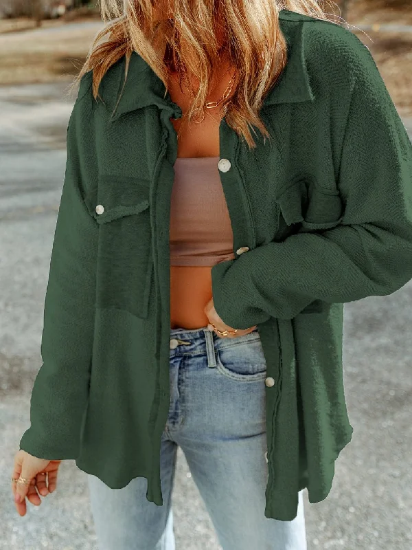 Green Knit Cotton Blend Casual Shacket with Chest Pockets Casual Relaxed Blouse