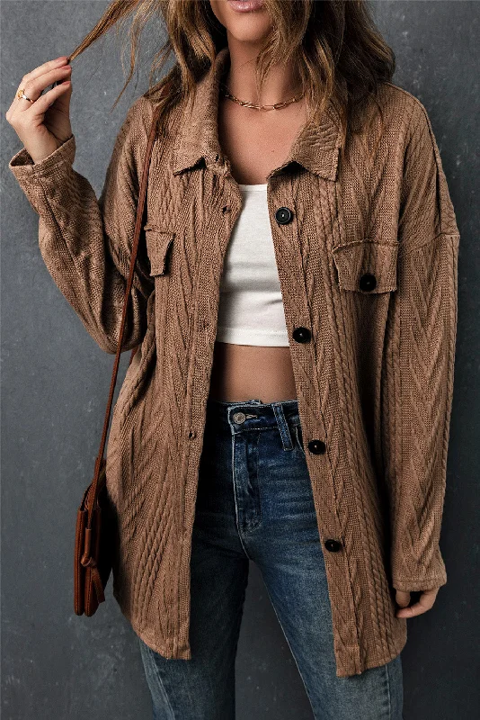 Oversized Khaki Textured Knit Shacket with Button Front Sleeveless Summer Blouse