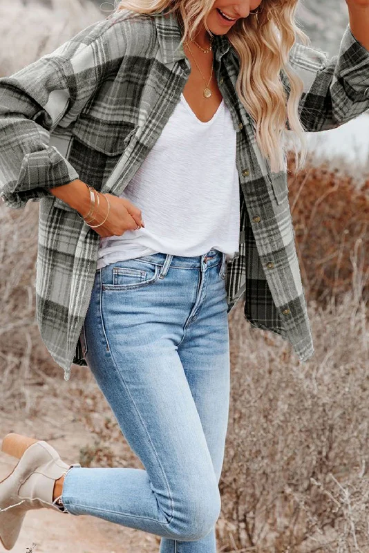 Plaid Chic Grey Button-Up Shacket Elegant Office Blouse