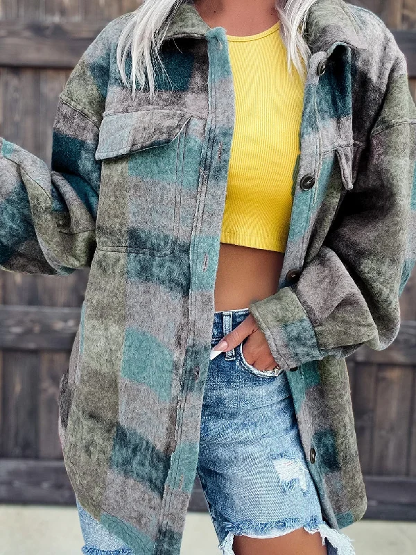 Plaid Multicolor Oversized Shacket with Button Details Pleated Collar Blouse