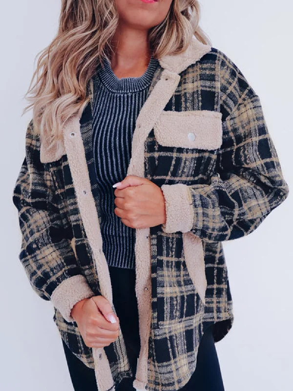 Sherpa Lined Multicolor Plaid Button-Up Shacket Drape Neck Blouse