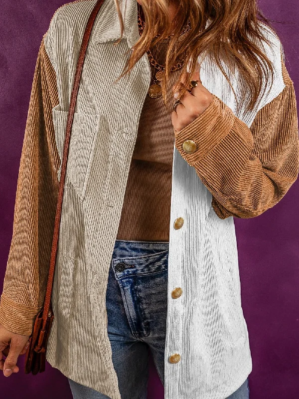 Colorblock Corduroy Shacket with Multicolour Panels Feminine Puff Blouse