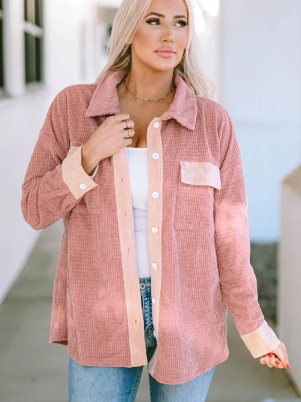 Peach Blossom Corduroy Drop Shoulder Shacket with Flap Pockets Pastel Color Blouse