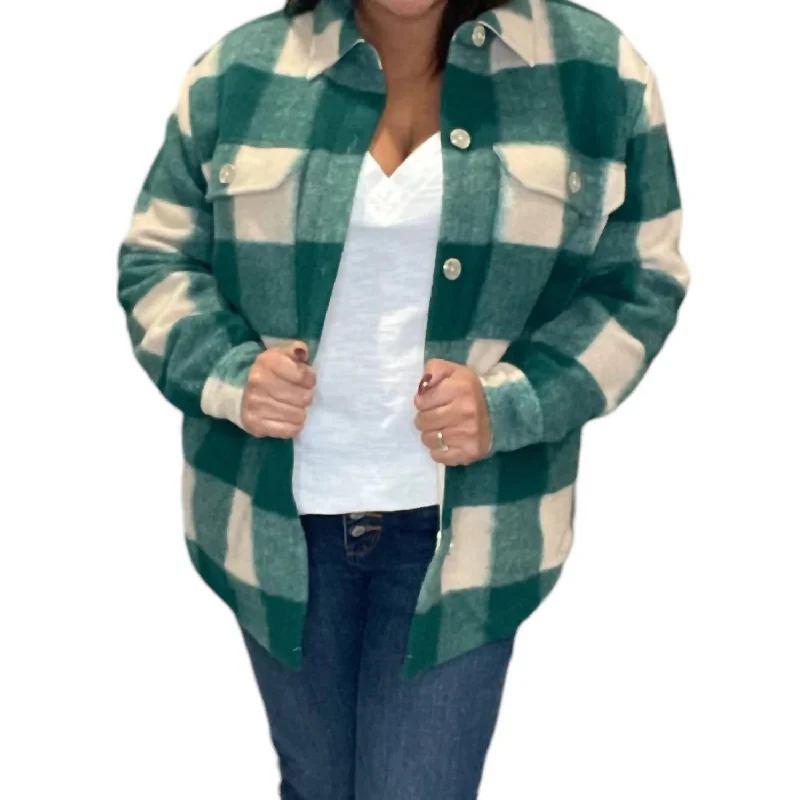 Plaid Button Up Oversized Shacket In Forest Slim Fit Blouse