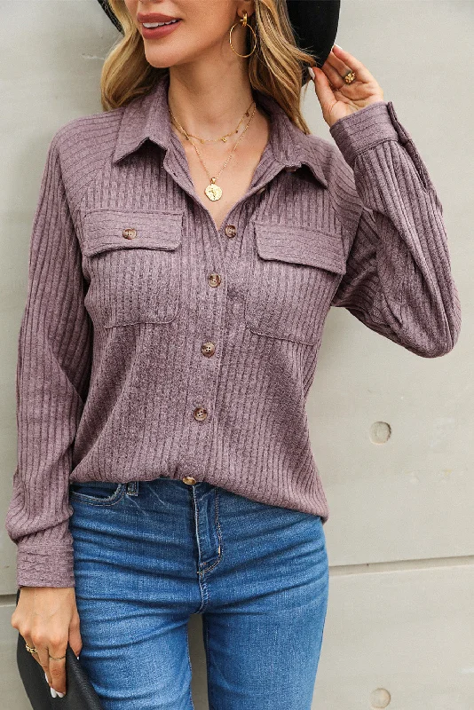 Purple Ribbed Knit Shacket with Button Flap Pockets Chic Square Blouse