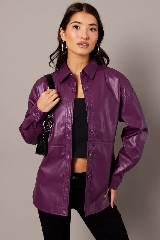 Purple Faux Leather Shacket Long Sleeves Satin Bow Blouse