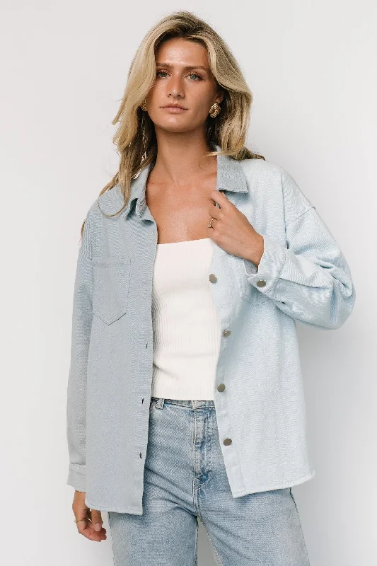 Rachel Two-Tone Shacket | Denim Drape Neck Blouse