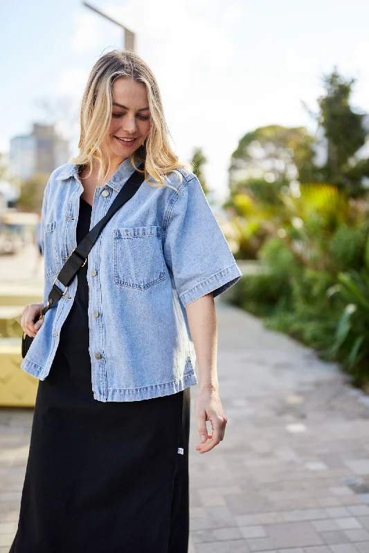 Shine On Label Nolan Short Sleeve Denim Shacket Vintage Blue Business Casual Blouse