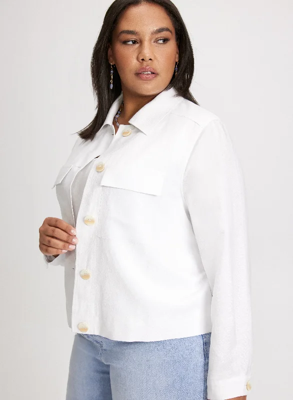 Cropped Linen-Blend Shacket Playful Puff Blouse