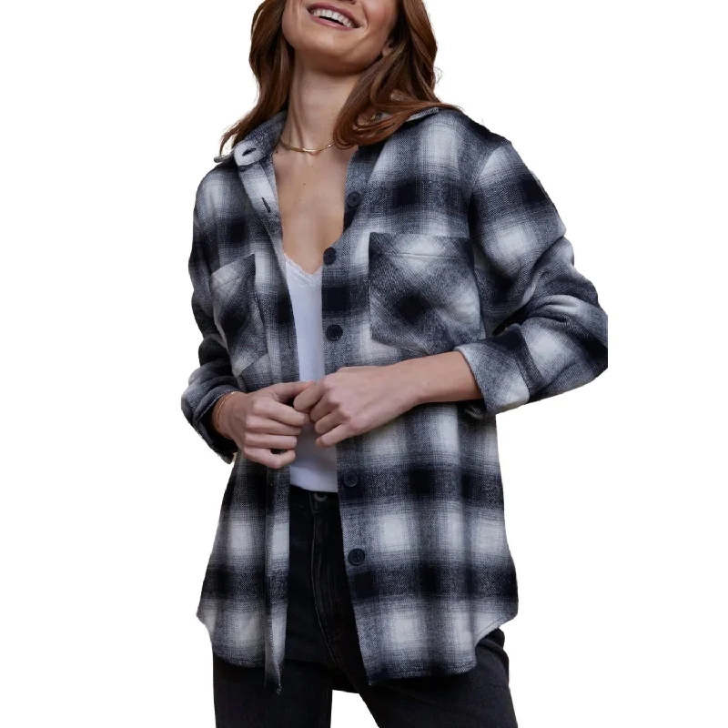 Two Pocket Oversized Shacket In Heritage Black Plaid Sheer Mesh Blouse