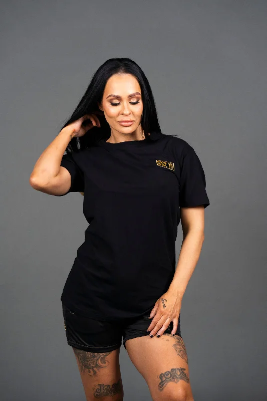 FKN GOLD | Women's Gym T-Shirt | Black & Gold Notch Collar Peter Pan Collar Cowl Neck FKN GOLD | Women's Gym T-Shirt | Black & Gold Notch Collar Peter Pan Collar Cowl Neck