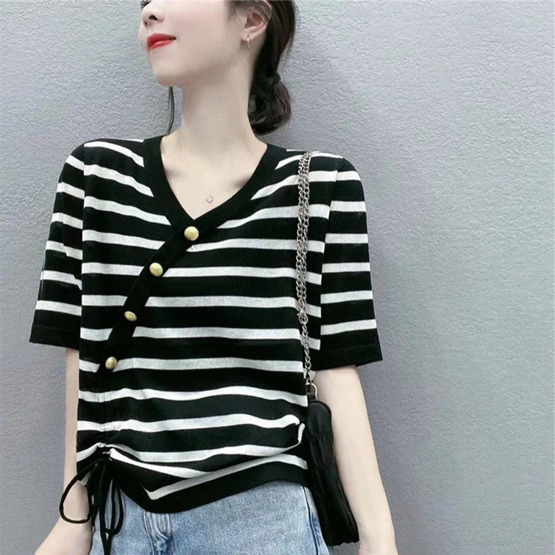 NiDELL European Goods Summer . New V-neck Diagonal Button Drawstring Short Sleeve Women's Striped Color Matching Ice Silk Sweater T-shirt Top Asymmetrical Pockets Print NiDELL European Goods Summer . New V-neck Diagonal Button Drawstring Short Sleeve Women's Striped Color Matching Ice Silk Sweater T-shirt Top Asymmetrical Pockets Print