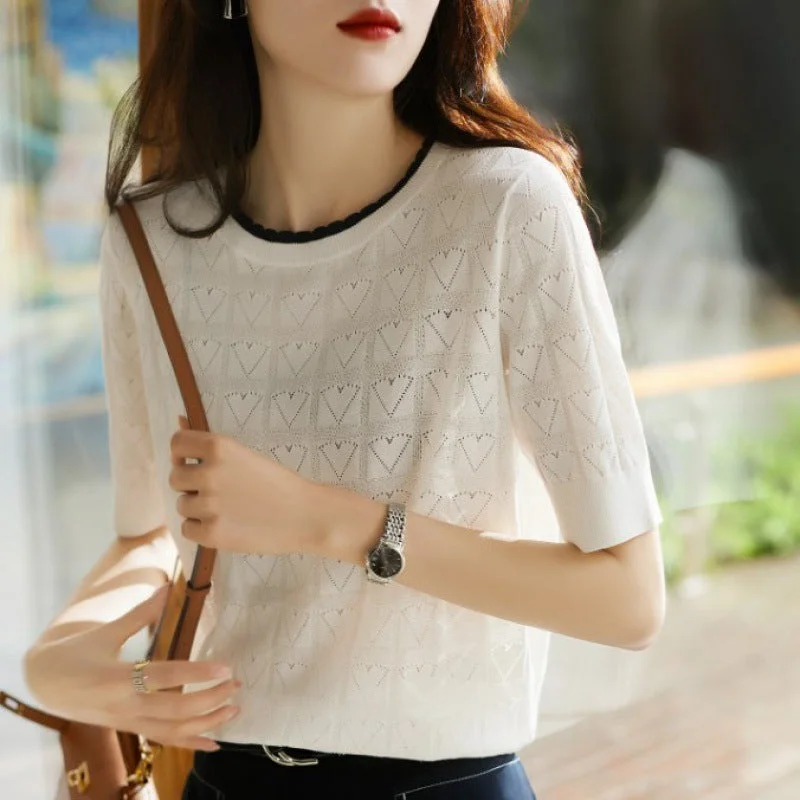 NiDELL New Women's Clothing Wholesale . Summer Hollow out Lace Collar Ice Silk Sweater Elegant T-shirt Women's Top Solid Print Embellished NiDELL New Women's Clothing Wholesale . Summer Hollow out Lace Collar Ice Silk Sweater Elegant T-shirt Women's Top Solid Print Embellished