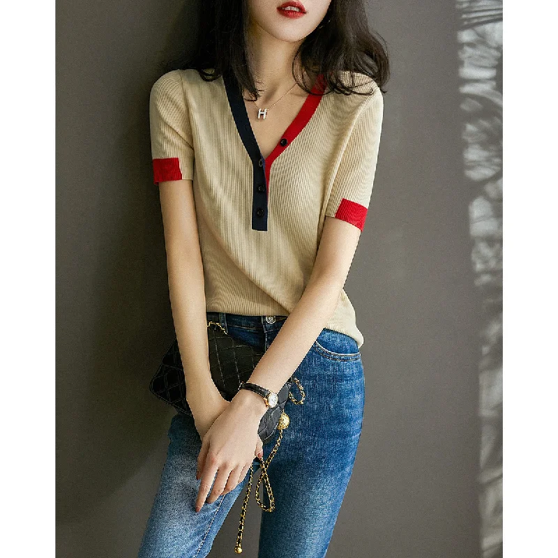 NiDELL . Spring and Summer New Women's Clothing Solid Color and V-neck T-shirt Women's Ice Silk Sweater Sweater Loose Short Sleeve Top Front Pockets Side Pockets Patch Pockets NiDELL . Spring and Summer New Women's Clothing Solid Color and V-neck T-shirt Women's Ice Silk Sweater Sweater Loose Short Sleeve Top Front Pockets Side Pockets Patch Pockets