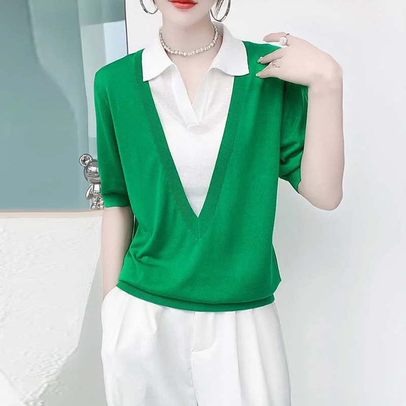 NiDELL T-shirt Women's Temperament Commute Fake Two Pieces Short Sleeve Top V-Shaped Contrast Color Lapels Pullover Ice Silk Sweater Women's . Summer Satin Blend Silk Blend Wool Blend NiDELL T-shirt Women's Temperament Commute Fake Two Pieces Short Sleeve Top V-Shaped Contrast Color Lapels Pullover Ice Silk Sweater Women's . Summer Satin Blend Silk Blend Wool Blend