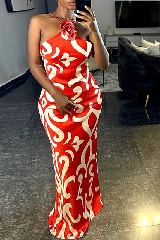 3D Flower Decor Halter Collar Urban Tribal Print Maxi Dress Comfortable Ruffle Hem Maxi Dress 3D Flower Decor Halter Collar Urban Tribal Print Maxi Dress Comfortable Ruffle Hem Maxi Dress