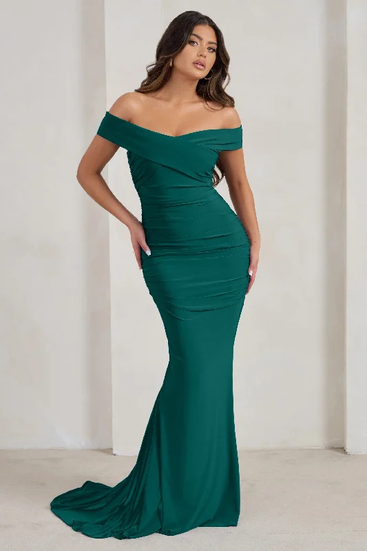 Apolline | Bottle Green Off The Shoulder Ruched Fishtail Maxi Dress Trendy Ruffled Maxi Dress Apolline | Bottle Green Off The Shoulder Ruched Fishtail Maxi Dress Trendy Ruffled Maxi Dress