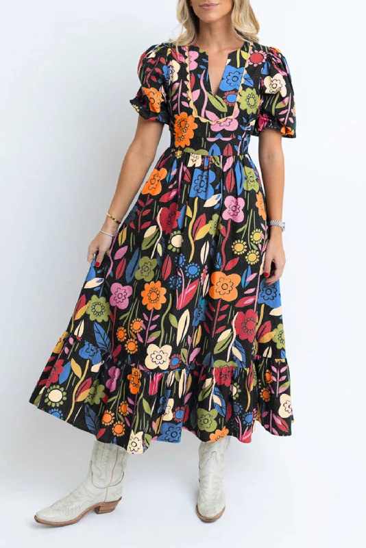Black Retro Floral Printed Split Neck Maxi Dress Comfortable Maxi Dress with Sleeves Black Retro Floral Printed Split Neck Maxi Dress Comfortable Maxi Dress with Sleeves