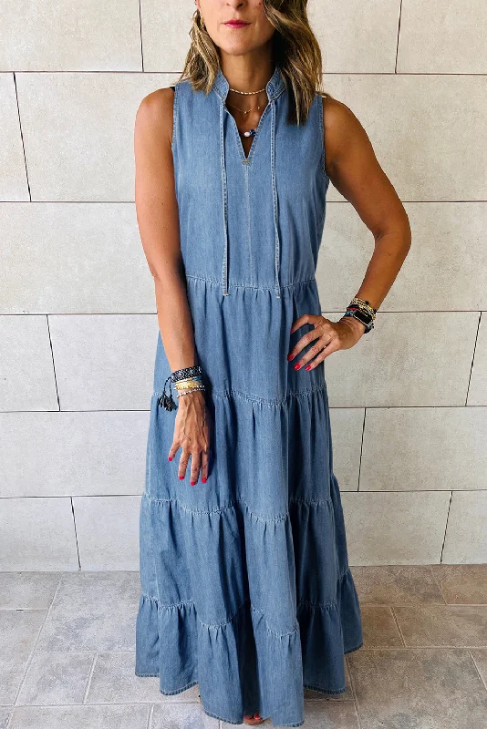 Blue Sleeveless Tiered Chambray Maxi Dress Comfortable Cotton Maxi Dress