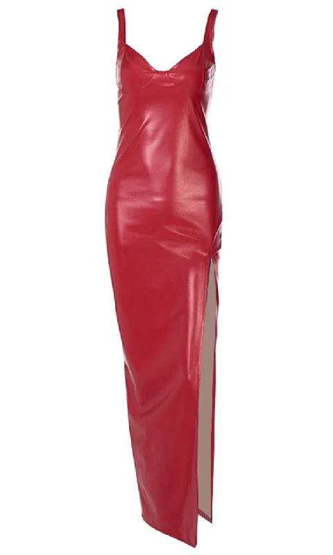 Bombshell Beauty PU Faux Leather Sleeveless Spaghetti Strap V Neck Side Slit Bodycon Maxi Dress Fashionable High-Low Maxi Dress Bombshell Beauty PU Faux Leather Sleeveless Spaghetti Strap V Neck Side Slit Bodycon Maxi Dress Fashionable High-Low Maxi Dress
