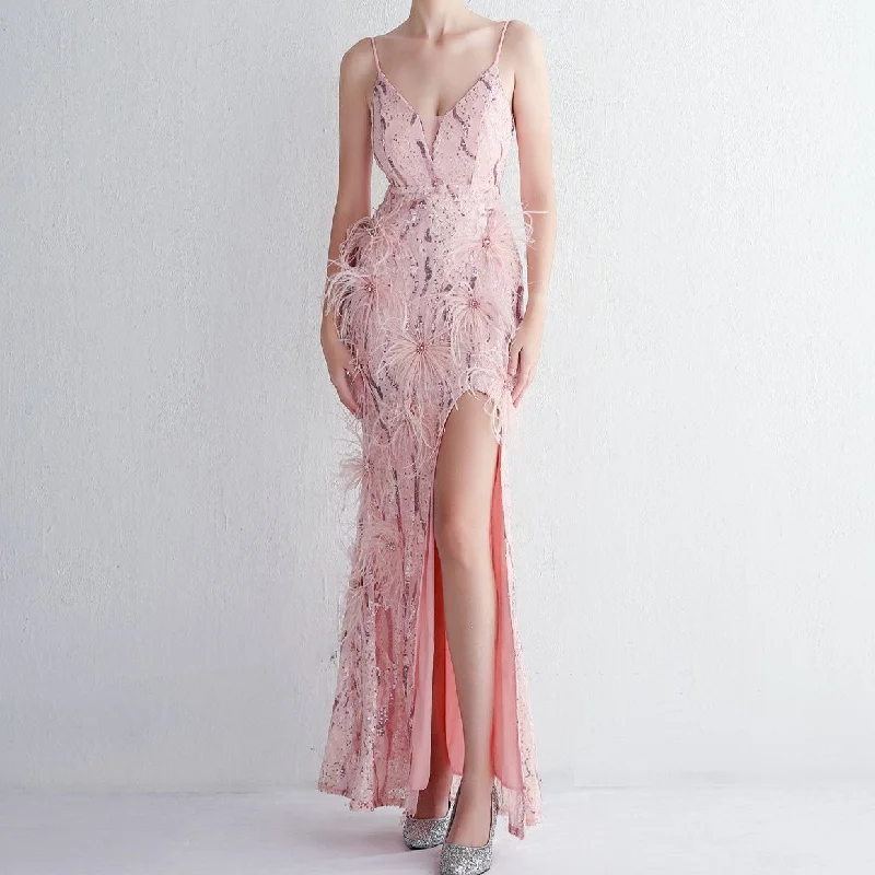 Catherine Strap Flower Beading Craft Feathered Banquet Maxi Dress Cozy Maxi Dress with Slit Catherine Strap Flower Beading Craft Feathered Banquet Maxi Dress Cozy Maxi Dress with Slit