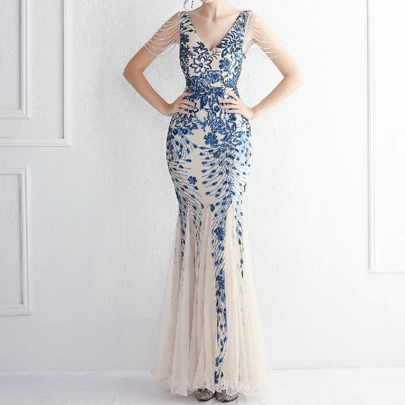 Clara Sequin Mesh Craft Beaded Maxi Dress Chic Button-Up Maxi Dress
