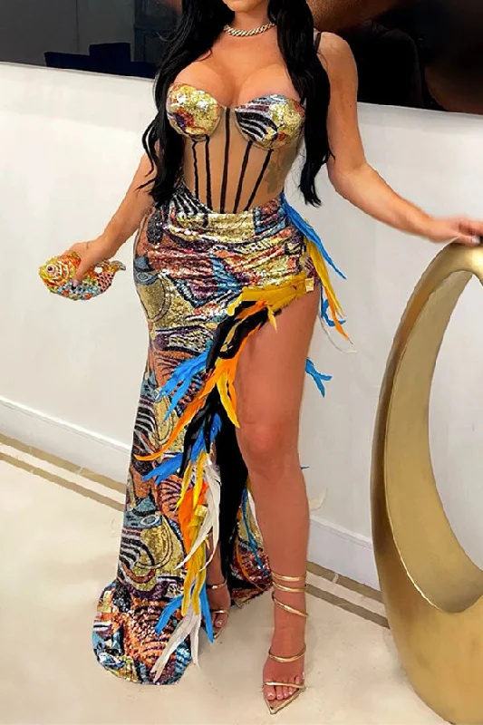 Floral Print Sequined Hot Feather Trim High Split Maxi Dress Elegant Floral Maxi Dress Floral Print Sequined Hot Feather Trim High Split Maxi Dress Elegant Floral Maxi Dress