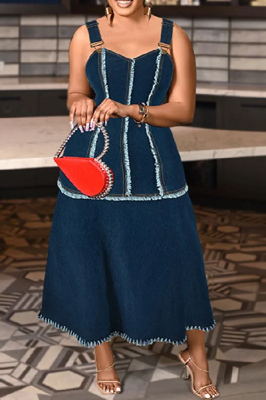 Frayed Patchwork Modern Suspenders Denim Maxi Dress Fashionable High-Waist Maxi Dress Frayed Patchwork Modern Suspenders Denim Maxi Dress Fashionable High-Waist Maxi Dress