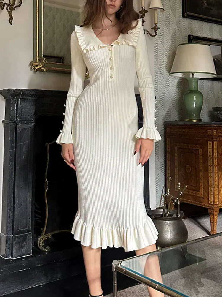 High Waist Ruffled Maxi Dresses For Women Autumn Winter Knitted Slim Long Dress Women's Vintage Dress Woman Retro Elegant Elegant Lace-Up Maxi Dress High Waist Ruffled Maxi Dresses For Women Autumn Winter Knitted Slim Long Dress Women's Vintage Dress Woman Retro Elegant Elegant Lace-Up Maxi Dress